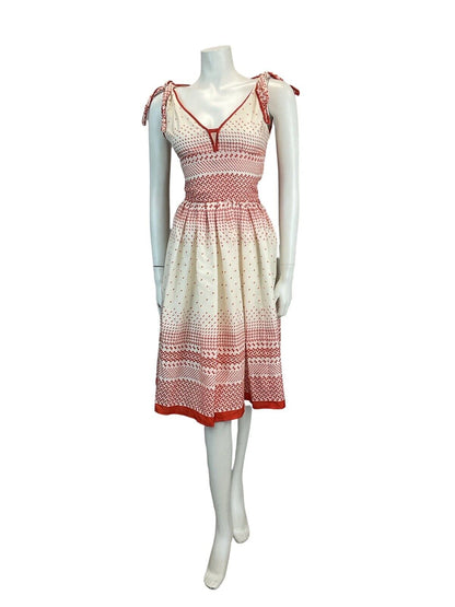 VTG 70S RED WHITE GEOMETRIC PRINT SUMMER SUN DRESS 8 10