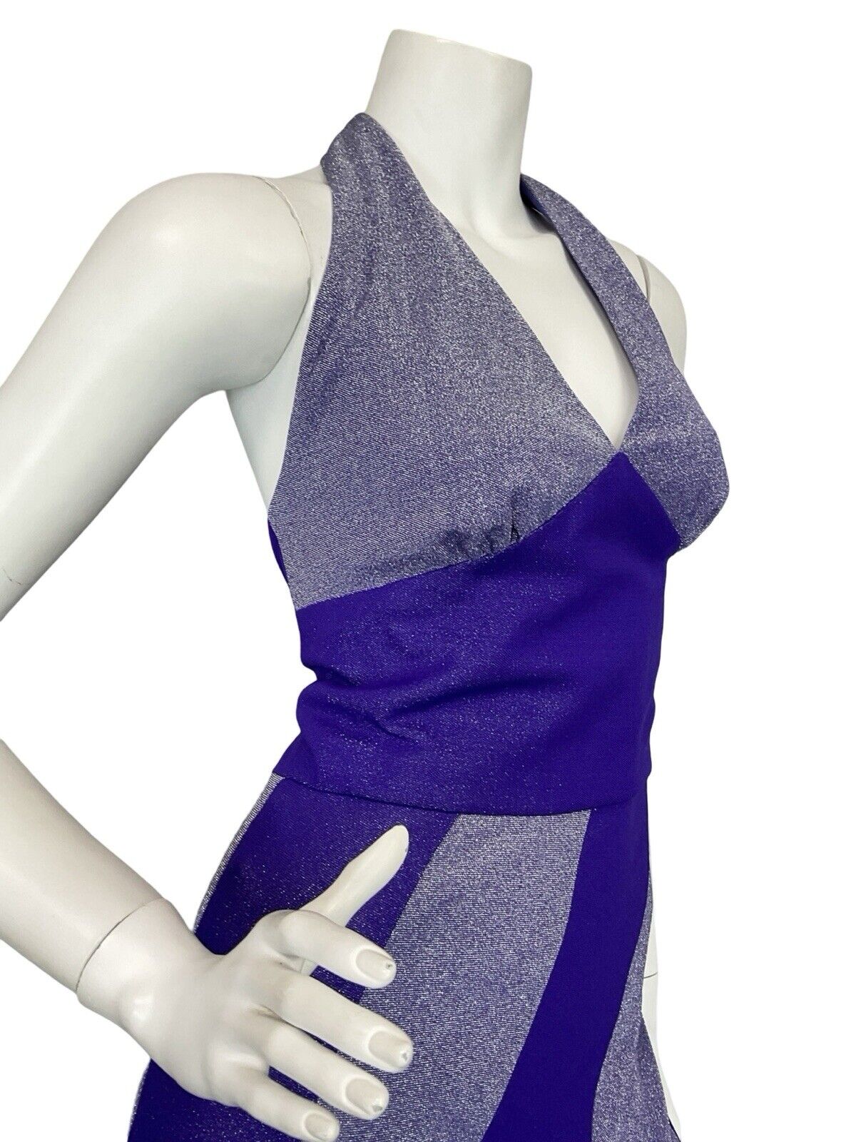 VTG 70S PURPLE LILAC STUDIO 54 TWIST & FLARE DISCO HALTER NECK MAXI DRESS S 8 10