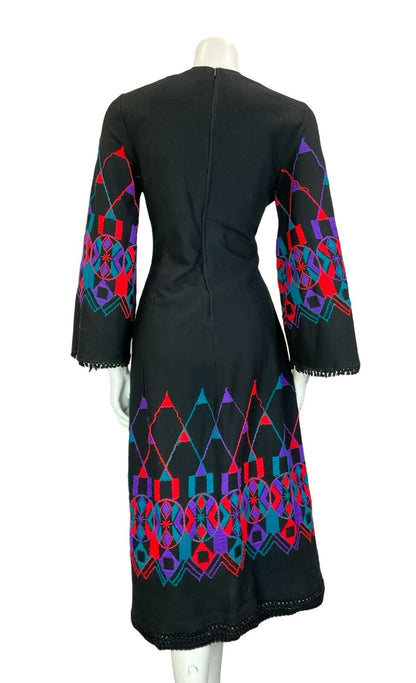 VTG 70S EMBROIDERED WOOL FLARE SLEEVE BLACK PURPLE TEAL RED MIDI DRESS 8 10 S