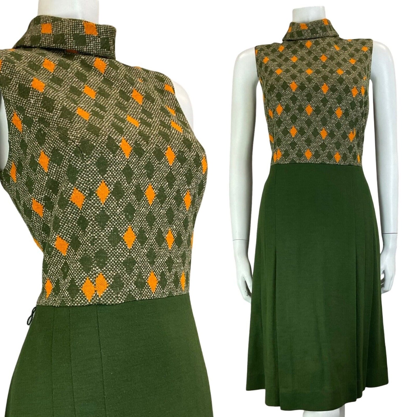 VTG 60S 70S DARK GREEN ORANGE DIAMOND CHECKED SLEEVELESS MIDI DRESS SIZE S 8 10