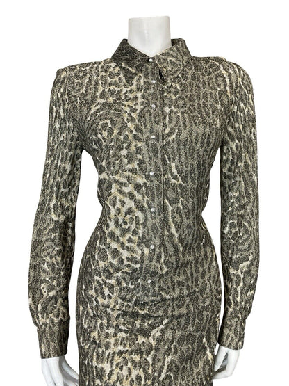 VTG 70S DISCO PARTY LUREX GOLD LEOPARD PRINT LONG SLEEVE MIDI SHIRT DRESS 12