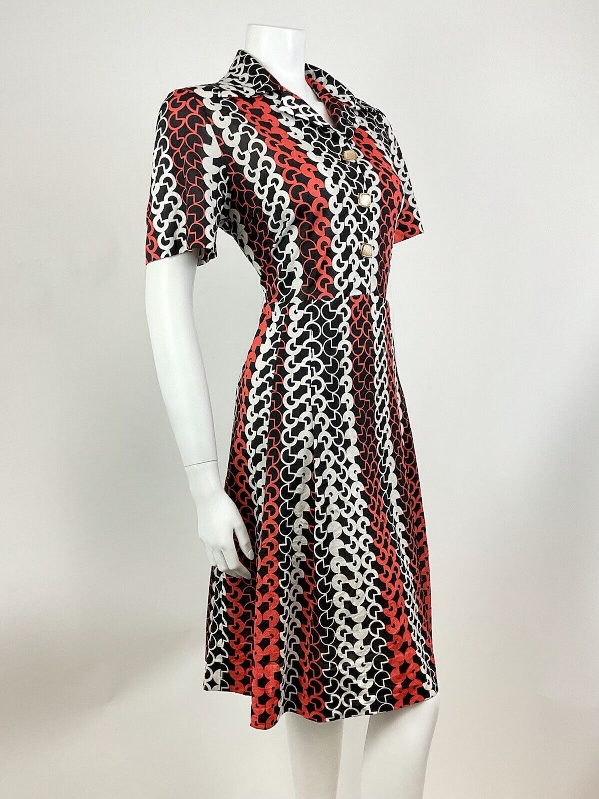 VTG 60s 70s BLACK RED WHITE GEOMETRIC PSYCHEDELIC MOD SHIRT DRESS 14 16