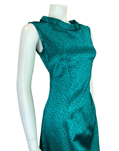 VTG 60S TEAL BLUE BLACK DOTTY SHINY TIE NECK SLEEVELESS OCCASION DRESS 12