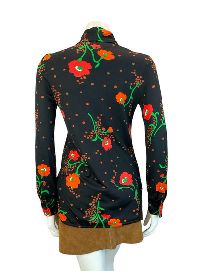 VTG BLACK RED GREEN FLORAL POPPY PSYCHEDELIC LONG SLEEVE SHIRT SIZE 8 10 S