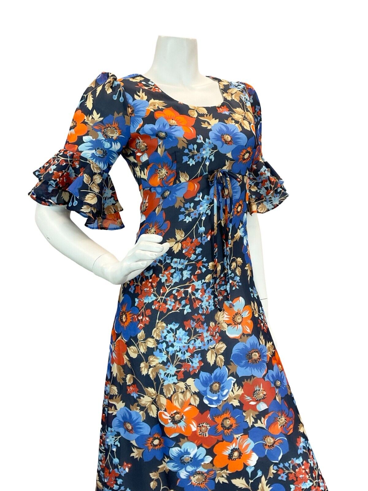 VTG 70S BLUE ORANGE FLORAL BELL SLEEVE EMPIRE MAXI DRESS 8