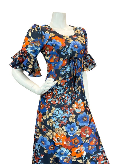 VTG 70S BLUE ORANGE FLORAL BELL SLEEVE EMPIRE MAXI DRESS 8