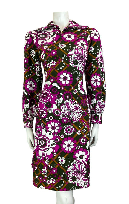 VTG 70S OPEN COLLAR BISHOP SLEEVE FLOWER POWER PINK PURPLE BROWN MIDI DRESS 10