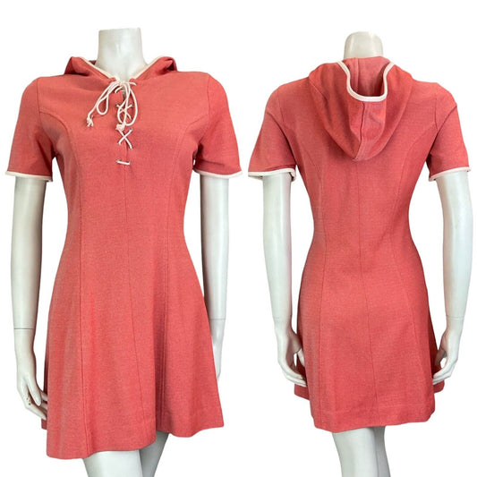 VTG 70S SPORTY PREPPY RED MEDIEVAL REVIVAL LACE UP HOODED SHORT SLEEVE DRESS 10