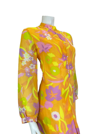 VTG 60S 70S FLORAL PSYCHEDELIC MANDARIN COLLAR ORANGE PINK YELLOW SHIFT DRESS 14