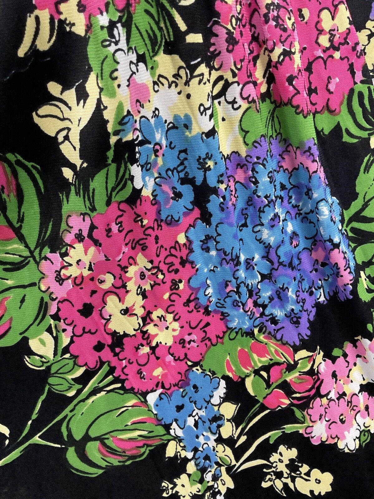 VTG 70S HYDRANGEA FLORAL BLACK PINK BLUE MAXI DRESS 8 10