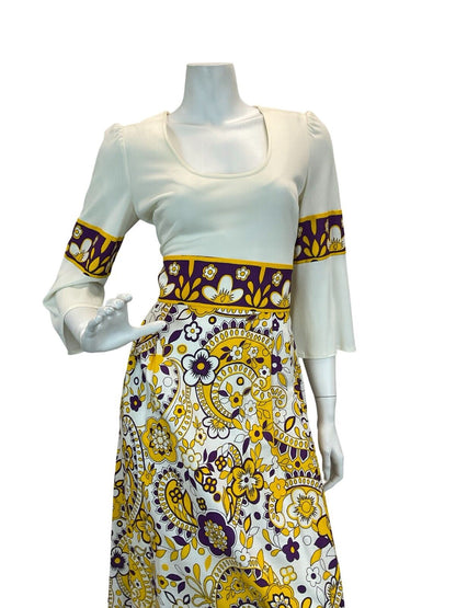 VTG 70S PURPLE YELLOW WHITE HIPPY FESTIVAL PAISLEY FLORAL MAXI DRESS 8 10