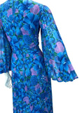 VTG 70S WEDDING OCCASION FLORAL CAPE SLEEVE MAXI DRESS BLUE PINK 10 12