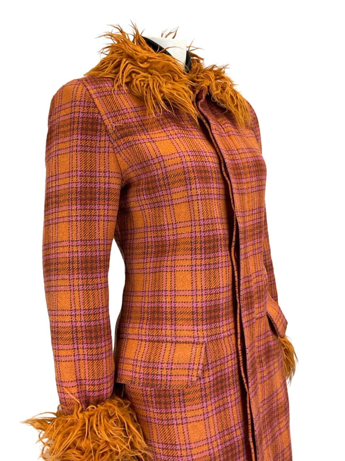 VTG 60S MOD PINK ORANGE FAUX FUR CHECKED TARTAN COAT SIZE 10 12