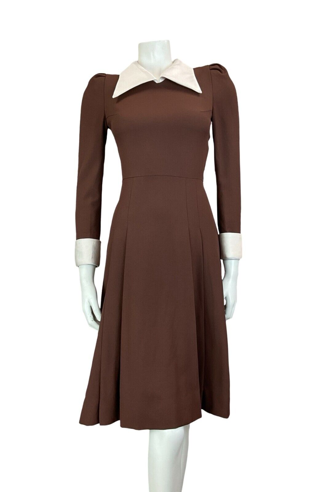 VTG 70S BROWN WHITE WING COLLAR PLEATED LONG SLEEVE MIDI DRESS SIZE 6