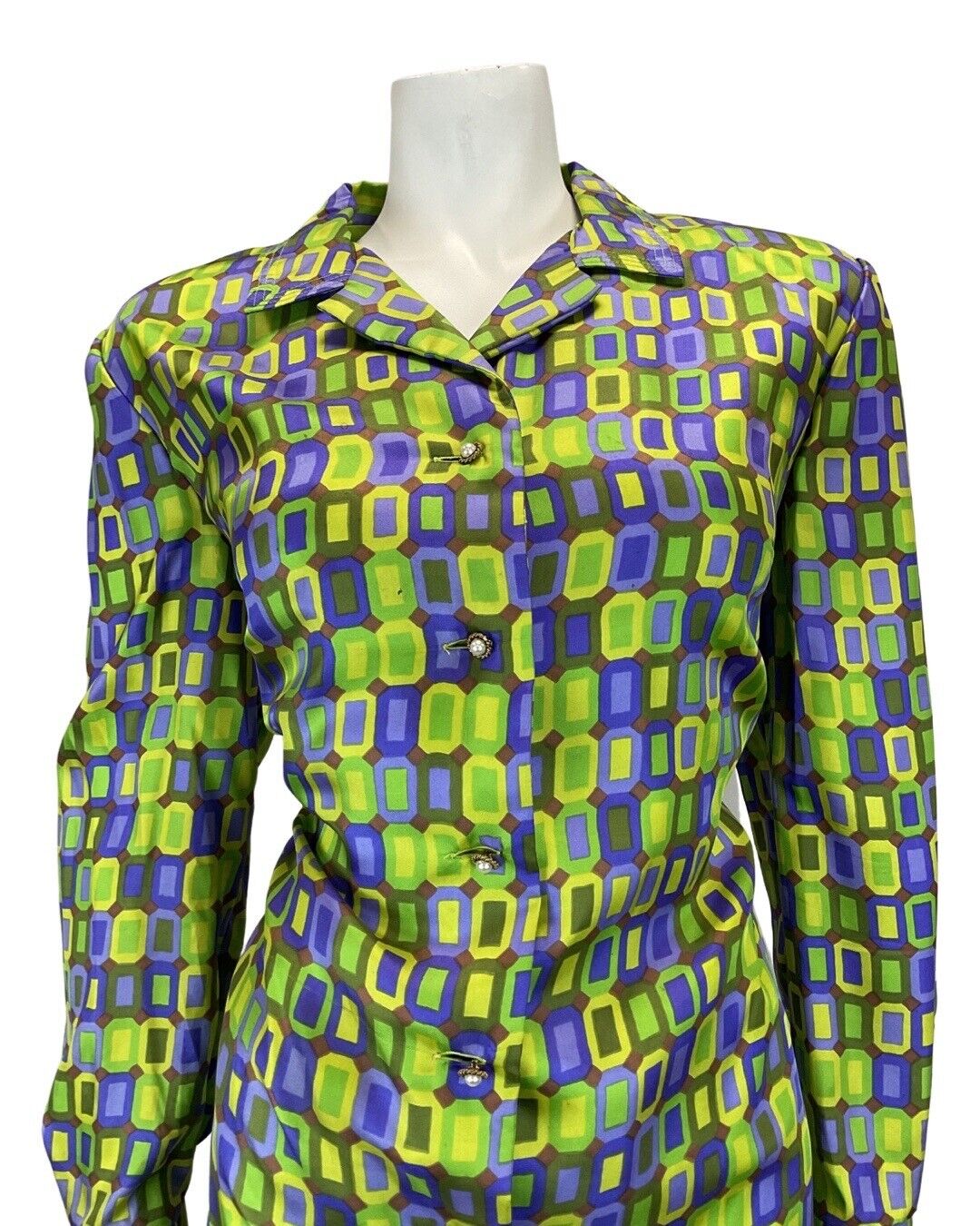 VINTAGE 60s 70s GREEN PURPLE BROWN GEOMETRIC TILED MOD SHIRT DRESS 16 18