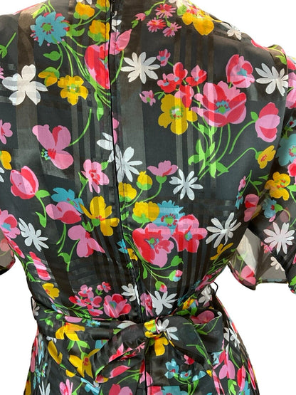 VTG 70S FLORAL DAISY BLACK PINK YELLOW BLUE FLUTTER SLEEVE BELTED MAXI DRESS 12