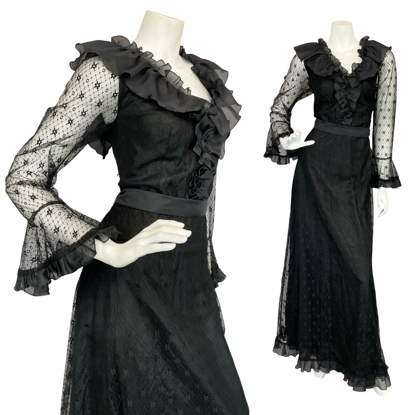 VTG 70S FRILLY V NECK BLACK LACE FLUTE SLEEVE MAXI EVENING PRAIRIE DRESS 10 12