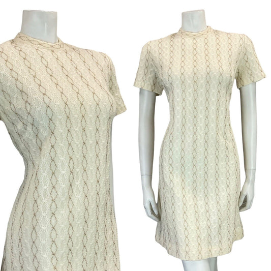 VTG 60S MOD WOOL KNITTED TEXTURE CREAM GOLD SHORT SLEEVE MINI DRESS 11