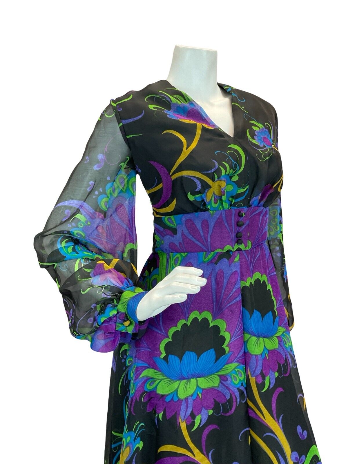 VTG 70S WEDDING PSYCHEDELIC FLORAL PURPLE GREEN BLACK BLUE MAXI DRESS 10 12