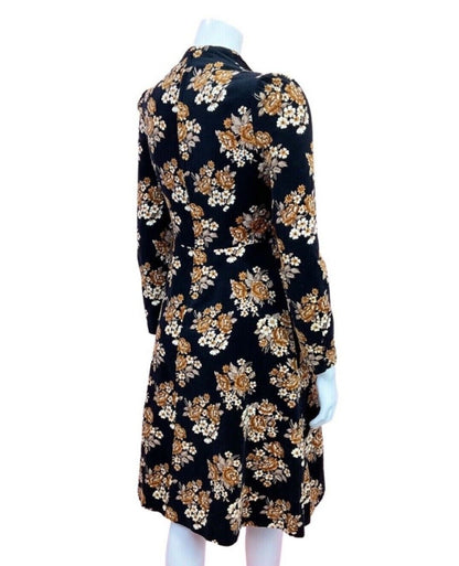 VINTAGE 60s 70s BLACK ORANGE BEIGE FLORAL ROSE BOUQUET VELVET SKATER DRESS 8