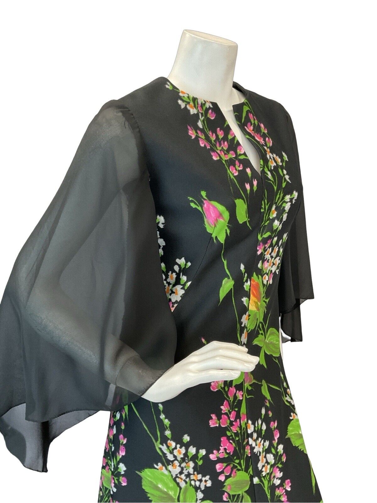 VTG 70S FLORAL CAPE SLEEVE MAXI DRESS WEDDING BLACK GREEN PINK ORANGE 6 8