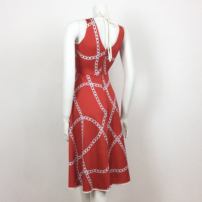 60S 70s VINTAGE RED WHITE CHAIN PATTERN FLOATY DRESS 4 6