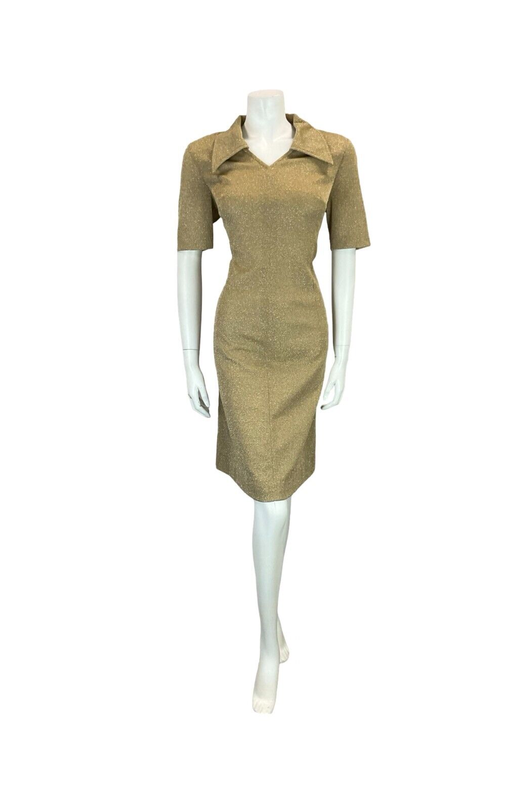 VTG 70S OPEN WING COLLAR GOLD LUREX PARTY SHORT SLEEVED SHIRT DRESS SIZE 12 14