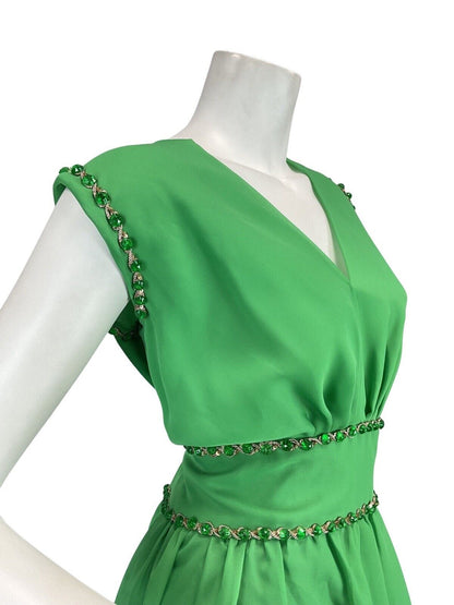 VINTAGE 60s 70s APPLE GREEN BEADED SEQUIN SLEEVELESS GOWN MAXI DRESS 12 14