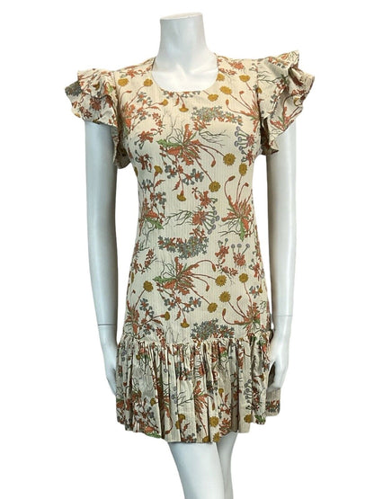 VTG 70S DANDELION FLORAL PRINT BROWN ORANGE GREEN RUFFLE MINI DRESS 10