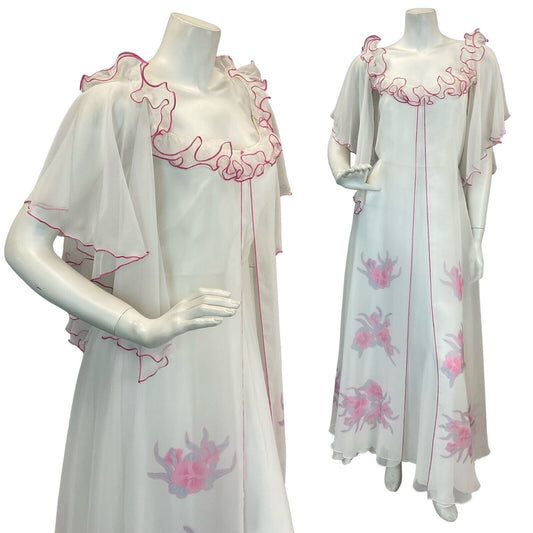 VTG 70s WHITE PINK FLORAL DETAIL ANGEL SLEEVE RUFFLE NECKLINE MAXI DRESS 10