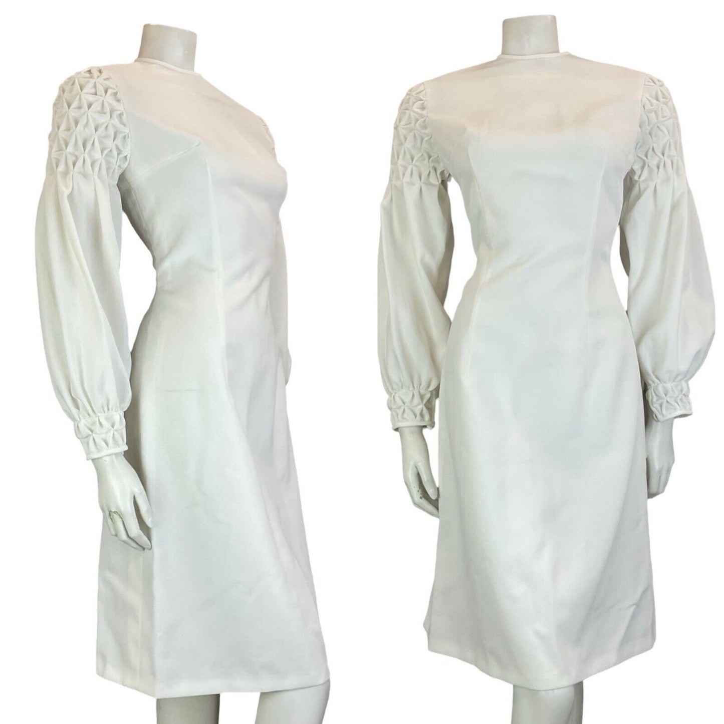 VTG 60S WHITE SMOCKING BALLOON SLEEVES ROUNDED NECKLINE BRIDAL DRESS 10