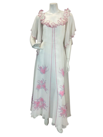 VTG 70s WHITE PINK FLORAL DETAIL ANGEL SLEEVE RUFFLE NECKLINE MAXI DRESS 10