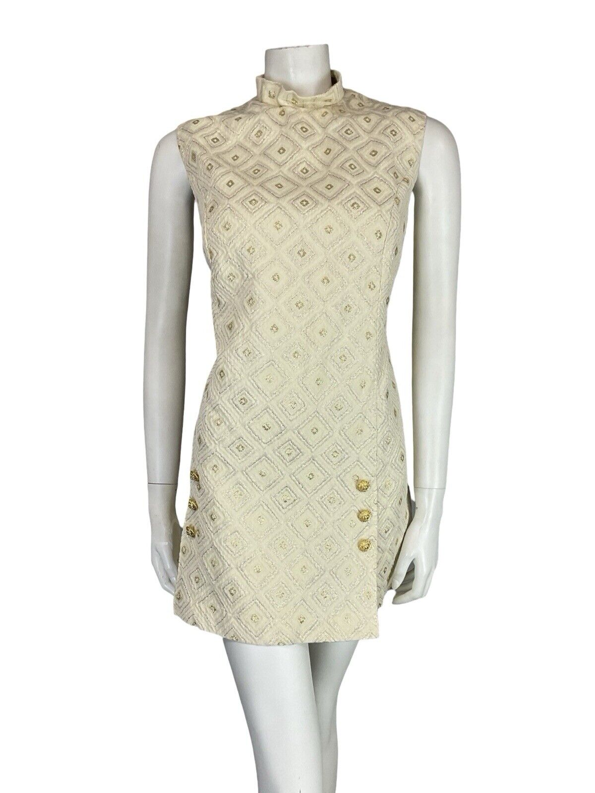 VTG 60S MOD GOLD CREAM FUNNEL NECK DIAMOND GEOMETRIC TUNIC PARTY DRESS M 12 14