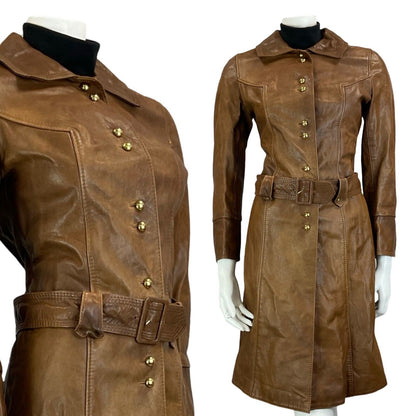 VTG 60S MILITARY TRENCH STYLE BELTED BROWN LEATHER JACKET SIZE 10