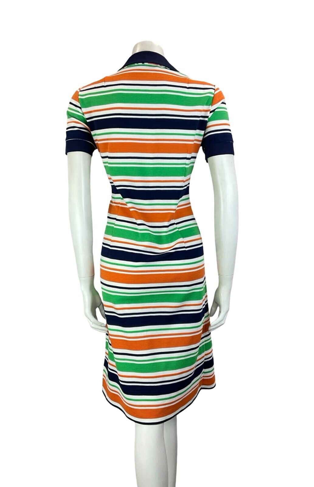 VTG 60S 70S STRIPED NAVY BLUE WHITE ORANGE GREEN JOHHNY COLLAR SHIRT DRESS 14 16