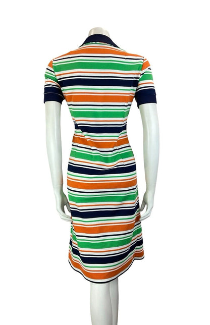 VTG 60S 70S STRIPED NAVY BLUE WHITE ORANGE GREEN JOHHNY COLLAR SHIRT DRESS 14 16