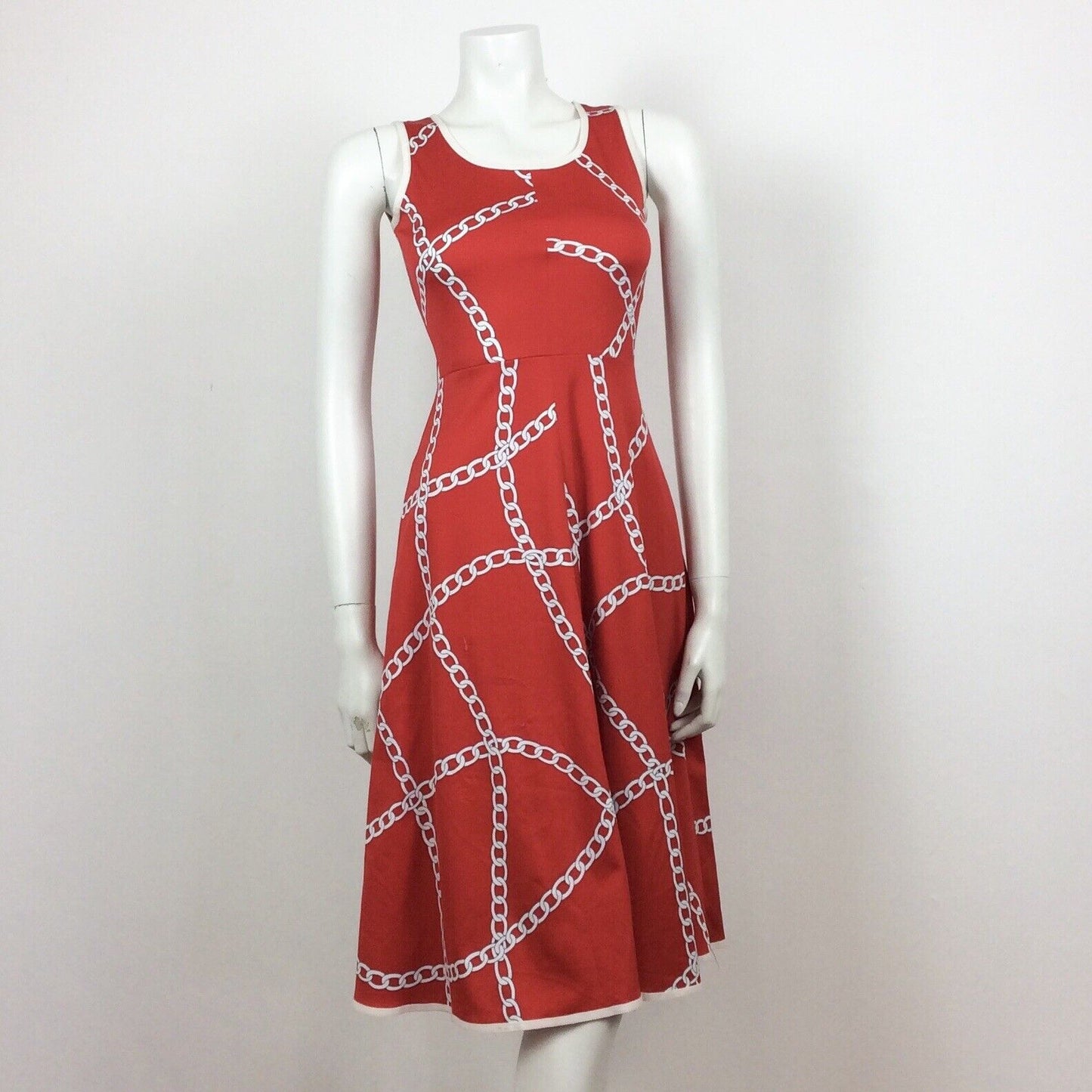 60S 70s VINTAGE RED WHITE CHAIN PATTERN FLOATY DRESS 4 6