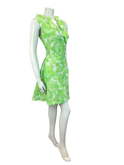 VTG 60S 70S FLORAL WRAP RUFFLE MOD MINI DRESS GREEN WHITE 10