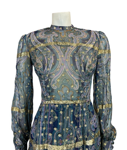 VTG 60S 70S PSYCHEDELIC BLUE PURPLE GOLD MANDALA HIPPY TUNIC LONG SLEEVE DRESS 6