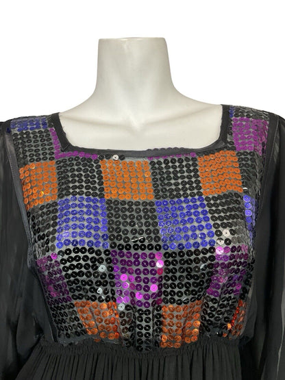 VTG 70S DISCO MESH BLACK PURPLE ORANGE SEQUIN BATWING FLOATY PARTY DRESS 6 8