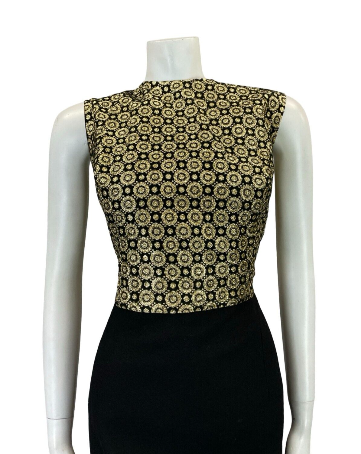 VTG 60S MOD BLACK GOLD FLORAL LUREX BROCADE PARTY SLEEVELESS MINI DRESS 16