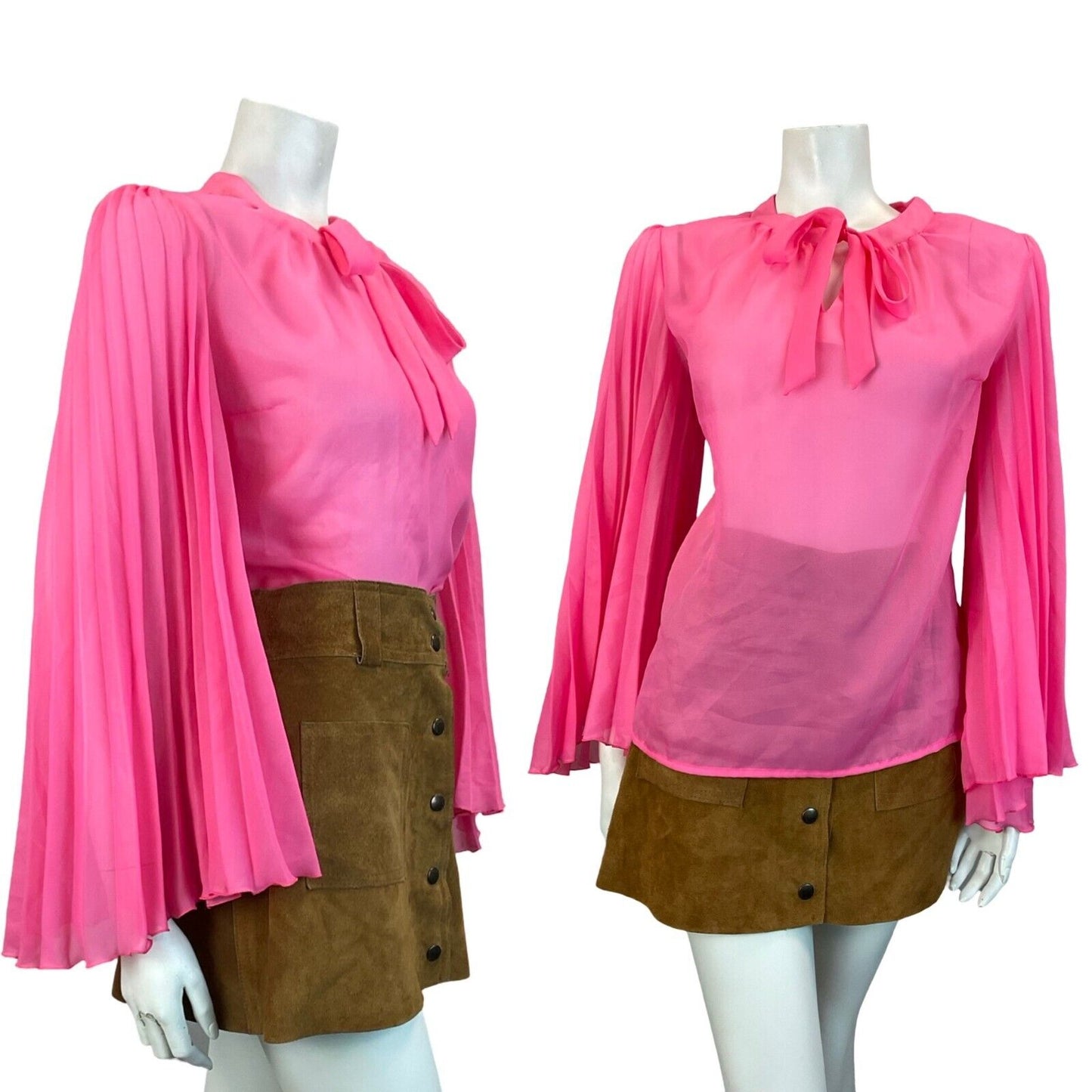 VTG HOT PINK MESH TIE KEYHOLE NECKLINE PLEATED BELL SLEEVE BLOUSE SIZE 14 16