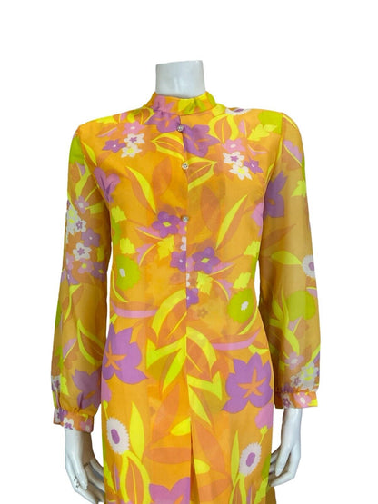 VTG 60S 70S FLORAL PSYCHEDELIC MANDARIN COLLAR ORANGE PINK YELLOW SHIFT DRESS 14