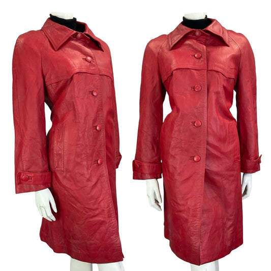 VTG 70S RED LEATHER DAGGER COLLAR BUTTON DOWN MOD COAT SIZE 12