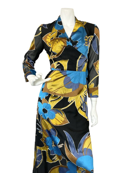 VTG 70S BLACK BLUE YELLOW FLORAL PLUNGING 3/4 SLEEVE EVENNG PARTY MAXI DRESS 4