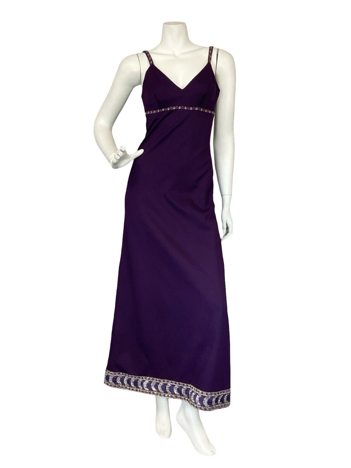 VTG 70S PURPLE GOLD SILVER CRESCENT MOON TRIM STRAP EVENING PARTY MAXI DRESS 6 8