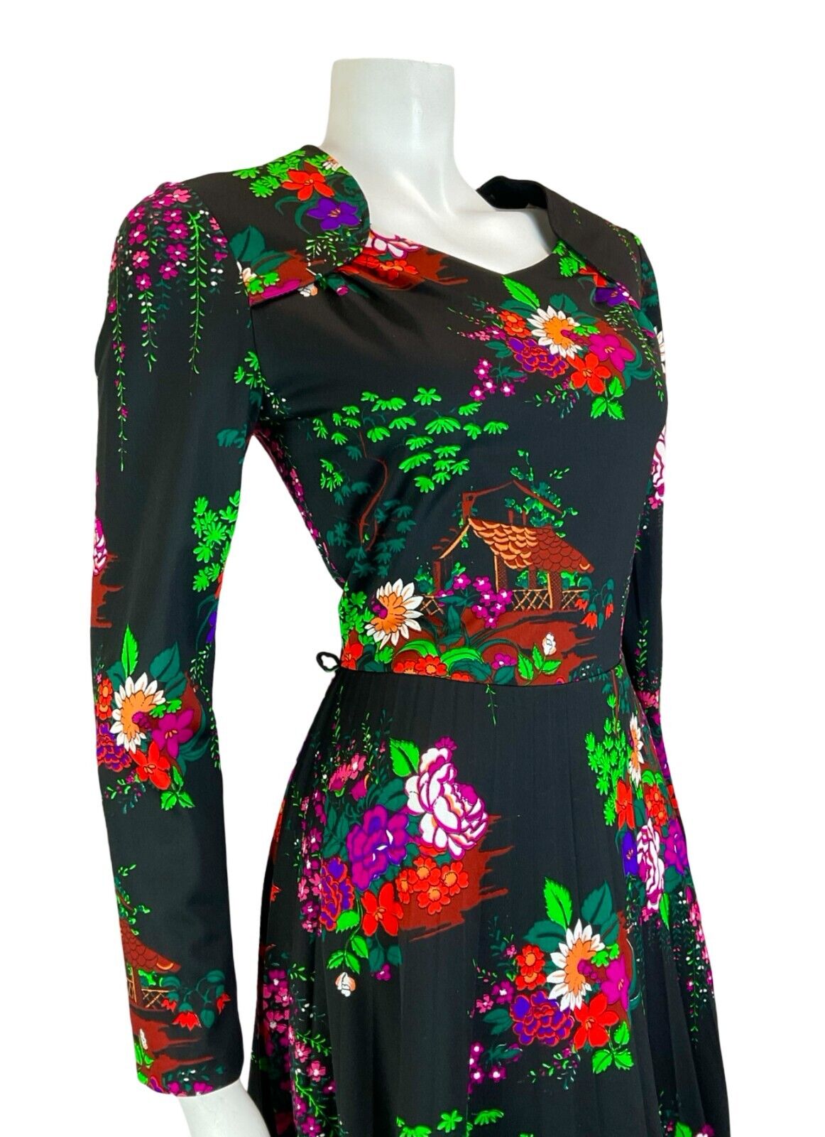 VTG 70S BETTY BARCLAY FLORAL COTTAGE BLACK PINK GREEN SWEETHEART MIDI DRESS S