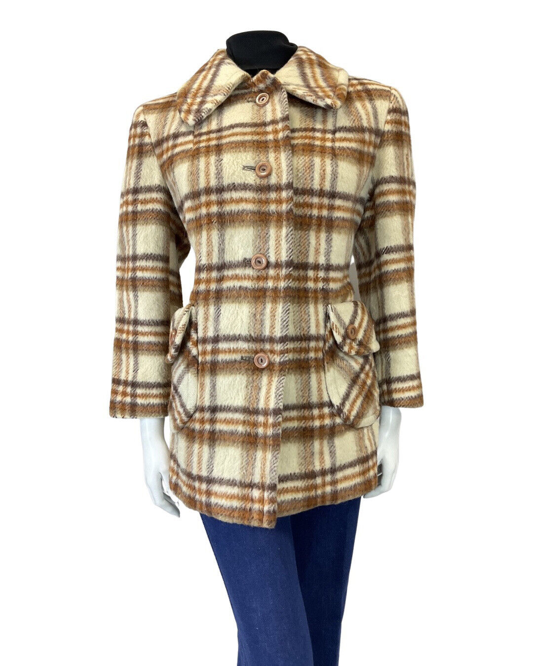 VINTAGE 60s 70s CREAM BROWN PLAID CHECKED MOD SPOON COLLAR WOOL COAT 14 16