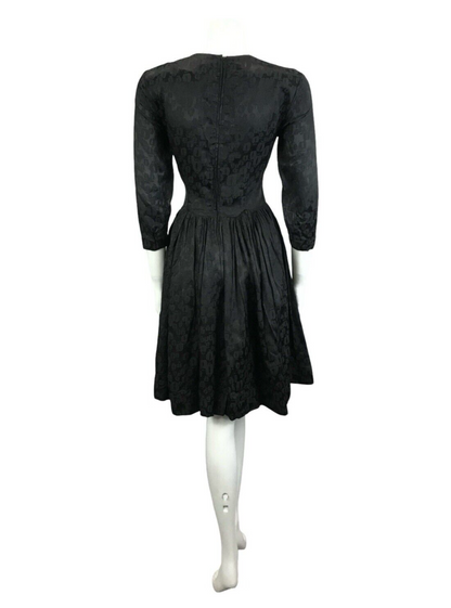 VTG 60S BLACK LEOPARD PRINT BROCADE FITTED DROPPED WAIST BOW PARTY LBD DRESS 6
