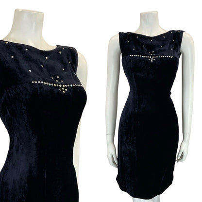 *needs close upVTG 60S NAVY BLUE HANDMADE VELVET DIAMANTE BOAT NECK MINI DRESS 8